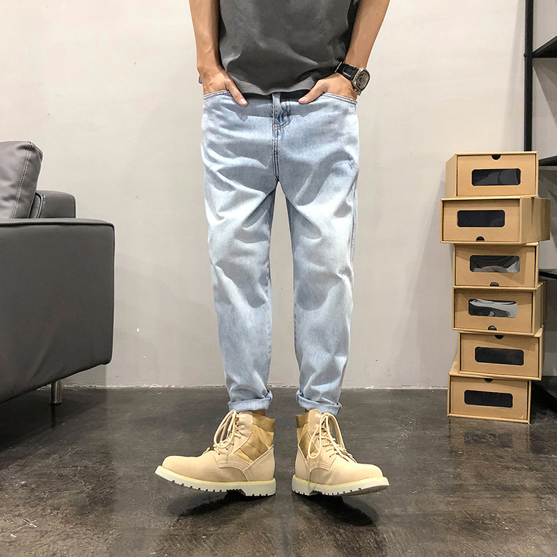 2022 Autumn new American trendy brand workwear jeans for men, loose blue and white light-colored casual Harun 9-inch pants Specification image